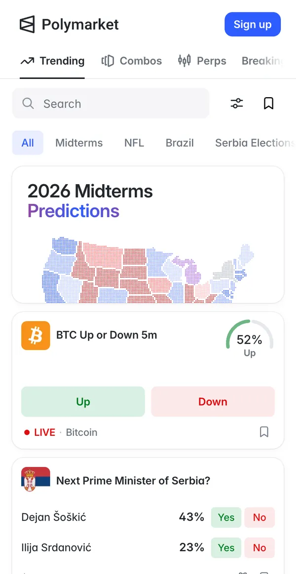 Open polymarket.com and tap Sign up